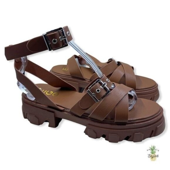 EGO Buckle Ankle Strap Chunky Faux Leather Brown Sandals - Picture 4 of 8